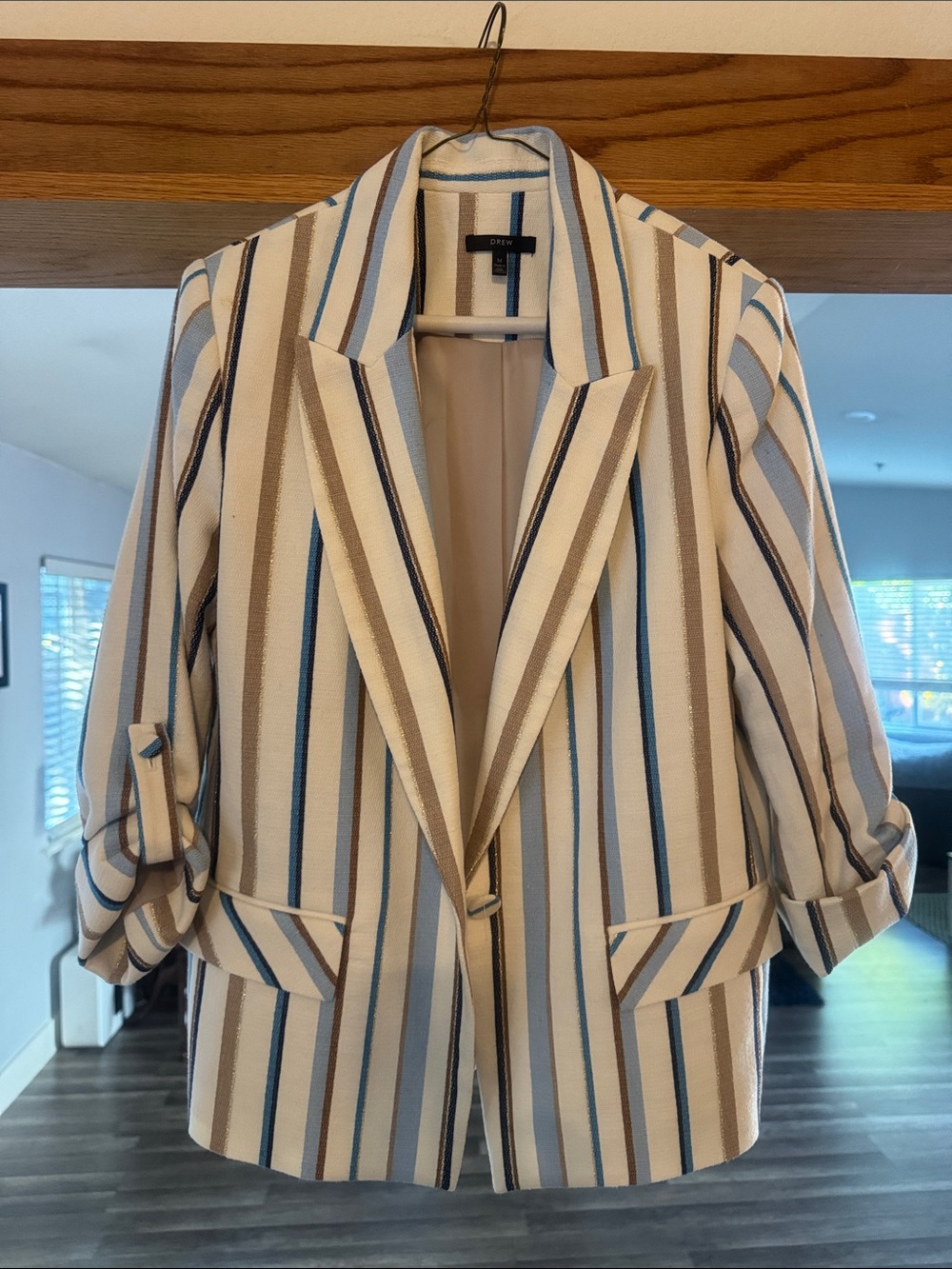 DREW Striped Blazer in Cream, Blue & Beige